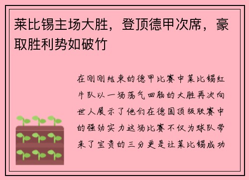 莱比锡主场大胜，登顶德甲次席，豪取胜利势如破竹